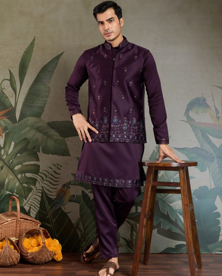 61105-PURPLE - Royal Plum Embroidered Kurta Set for Men